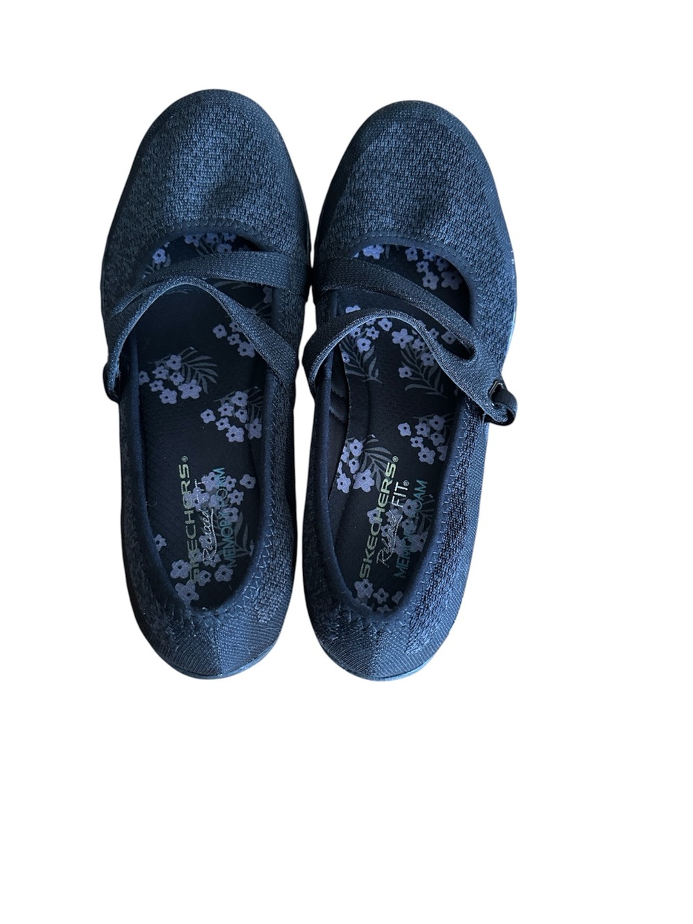 Skechers Black Knit Mary Jane Sneakers with memory foam Floral Insole Accent